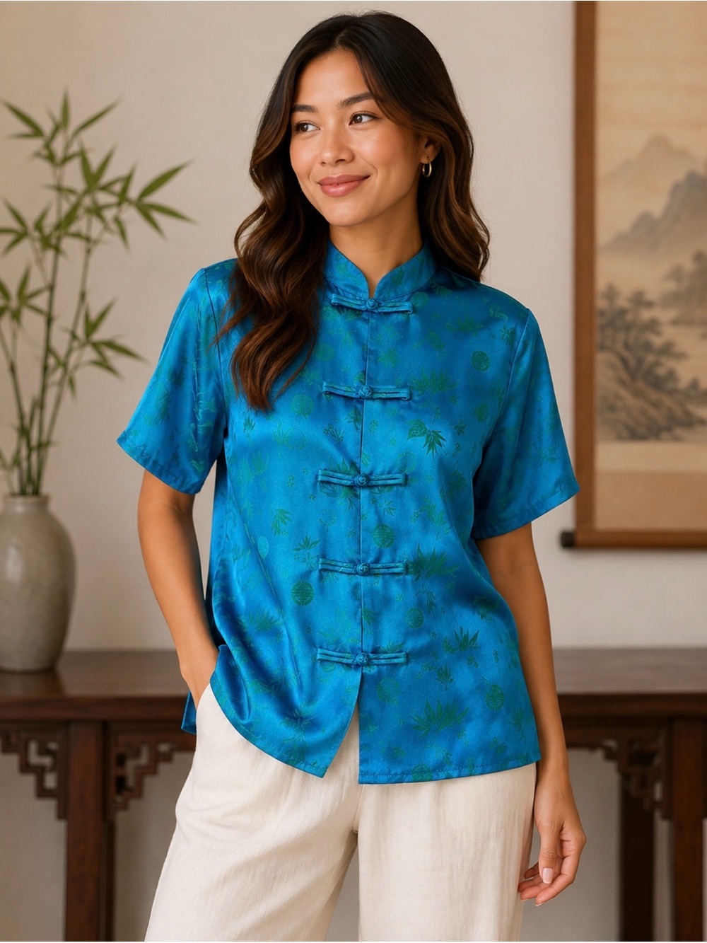 100% Silk Teal Mandarin Collar Blouse with Knot Closures